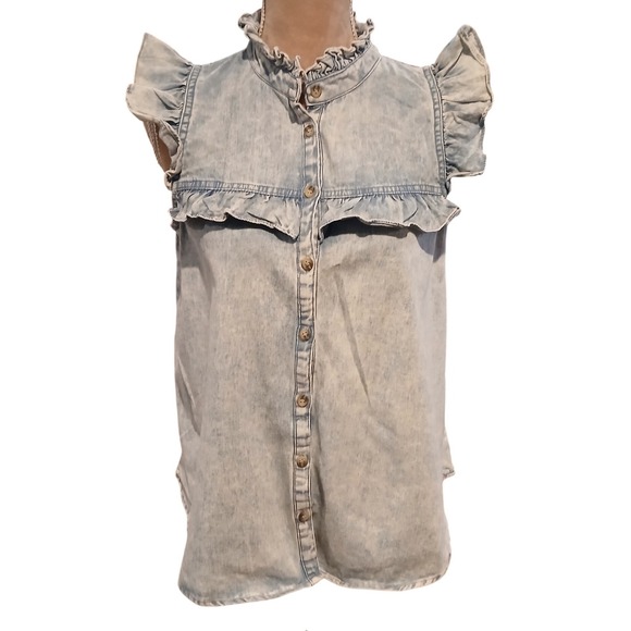 entro Tops - Entro Women Acid Wash Denim Ruffle Button Down Top Sleeveless Blue Size S Boho